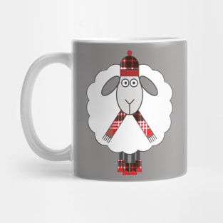 Cosy Winter Sheep With Red, Black and White Tartan Hat, Scarf and Boots Mug